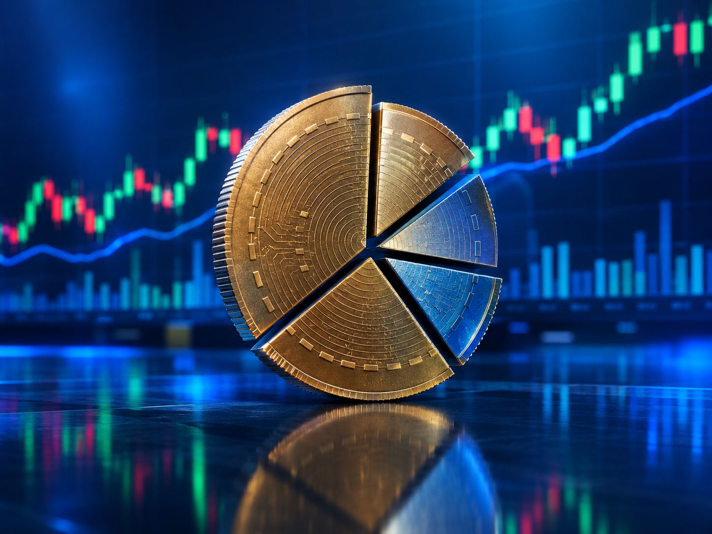 Large coin sliced into precise segments with a chart in the background