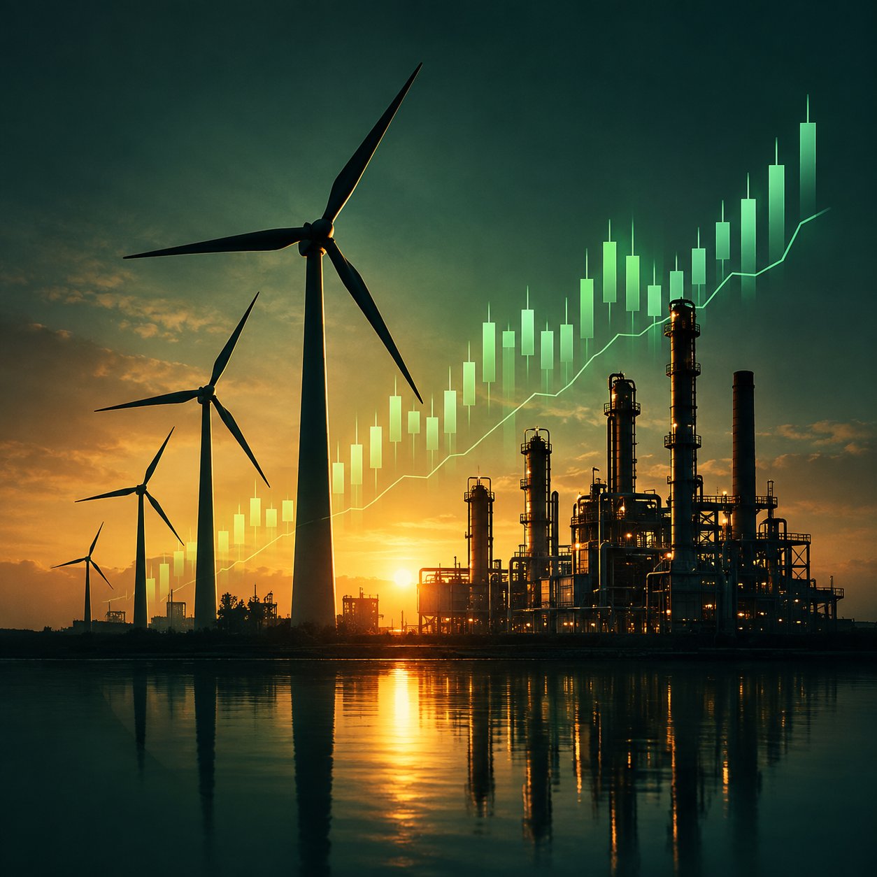 Wind turbines and oil refinery silhouettes merged with a stock chart