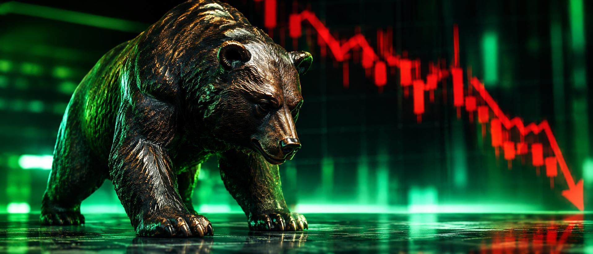 Bronze bear statue with a descending red chart behind it