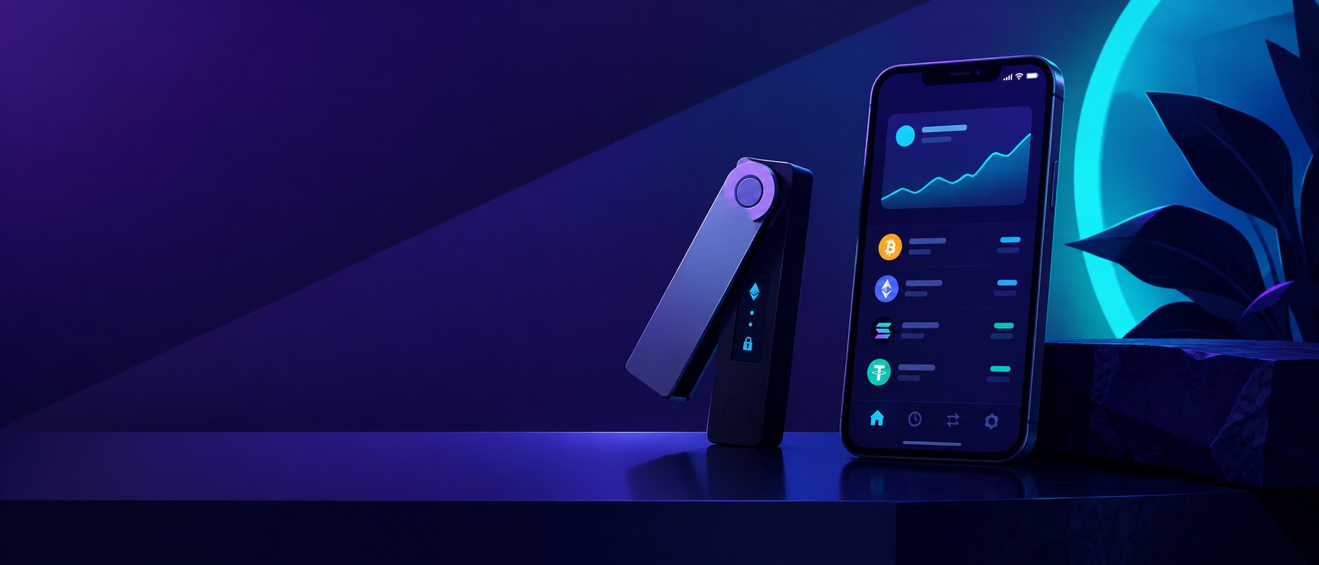 Sleek hardware crypto wallet device next to a smartphone wallet app