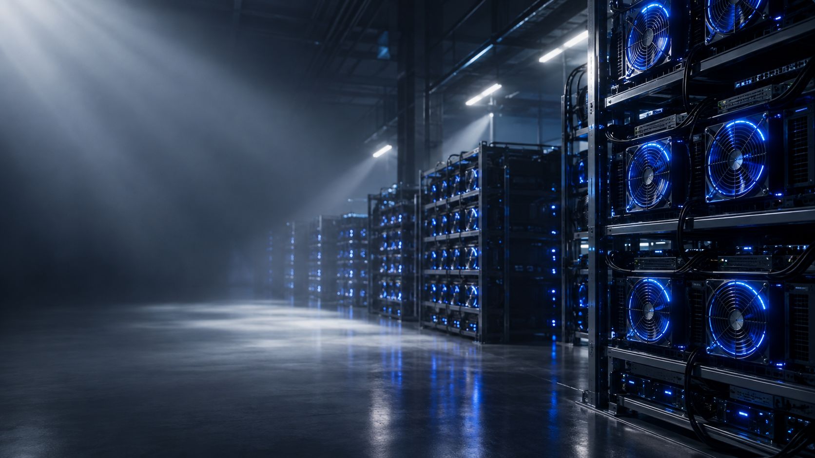 Rows of mining rigs with glowing fans in a dark data center